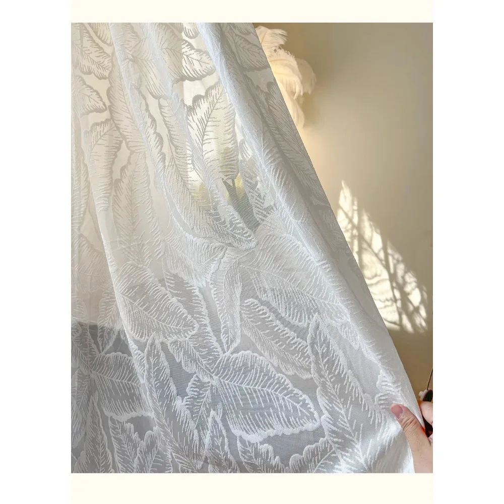 

White Curtain Yarn Romantic 3D Relief Curtains for Light-proof Opaquefor Bedroom Living Room Balcony Leaf Embroidered