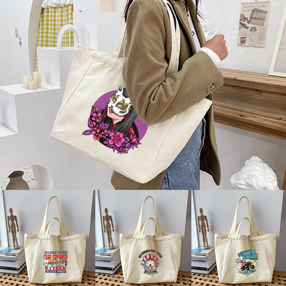 

Canvas Shopping Bag 2026 New Mask Series Printed Women Shoulder Bag Harajuku Fashion Shopper Ladies Reusable Handbags Tote Bags