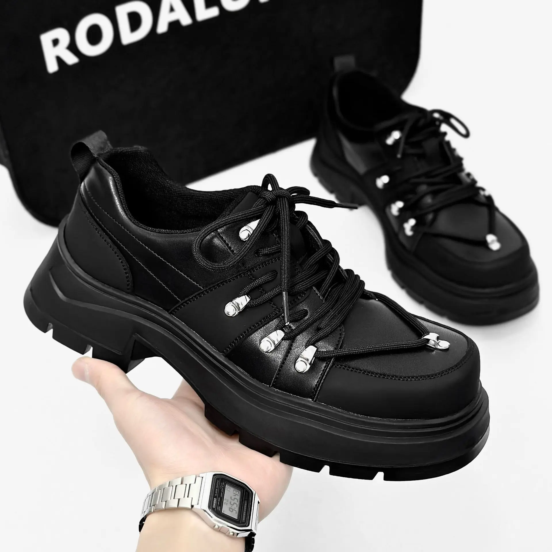 

mens fashion punk hip hop dress platform shoes lace-up genuine leather shoe black trendy designer sneakers big toe footwear mans