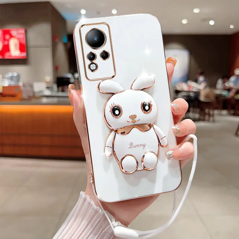 Phone Case For Infinix Note 11 Luxury Plating Square Rabbit Holder With Landyard Phone Case Cover