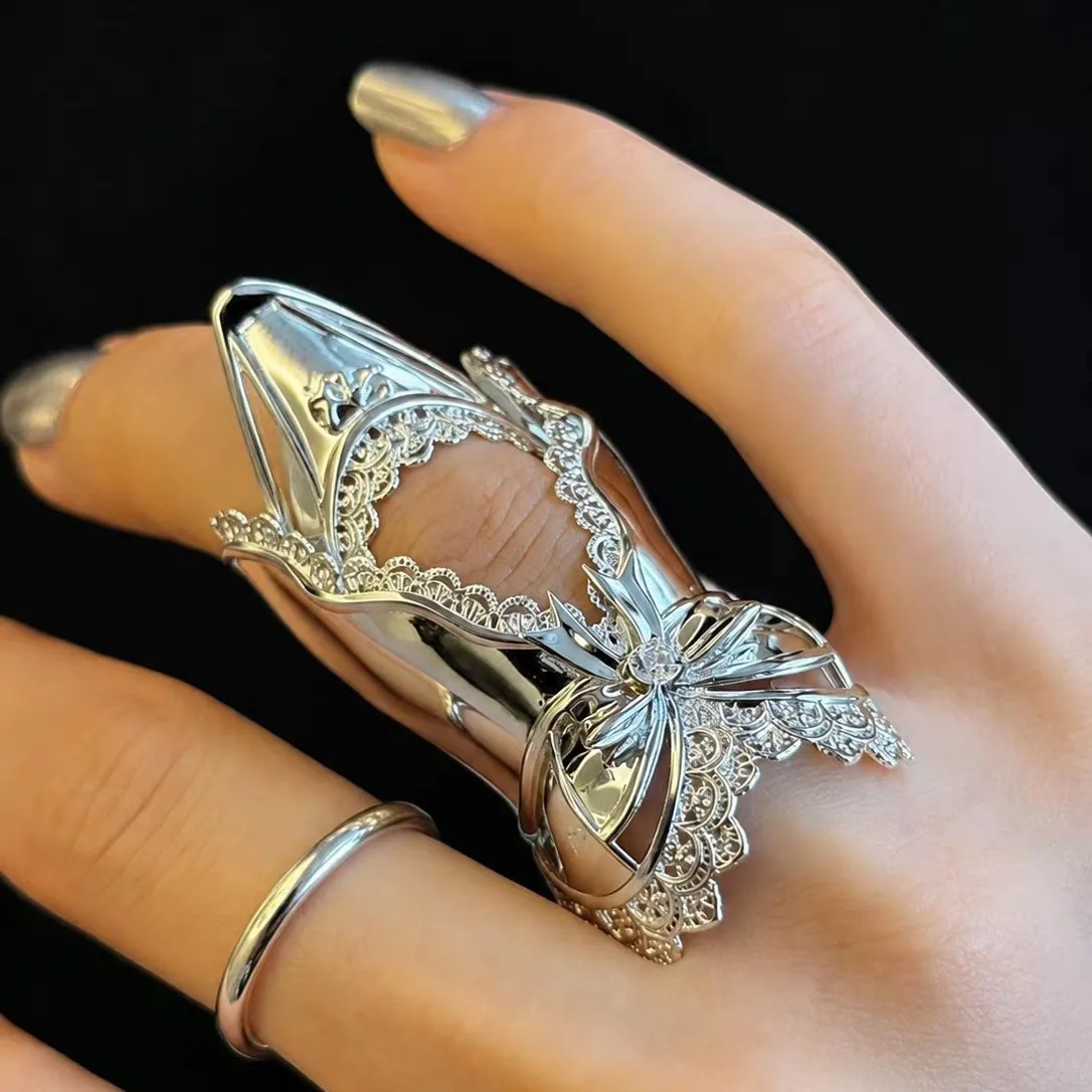 Vintage Lace Bow Armour Ring, Heavy Carved Dark Punk Style Statement Ring