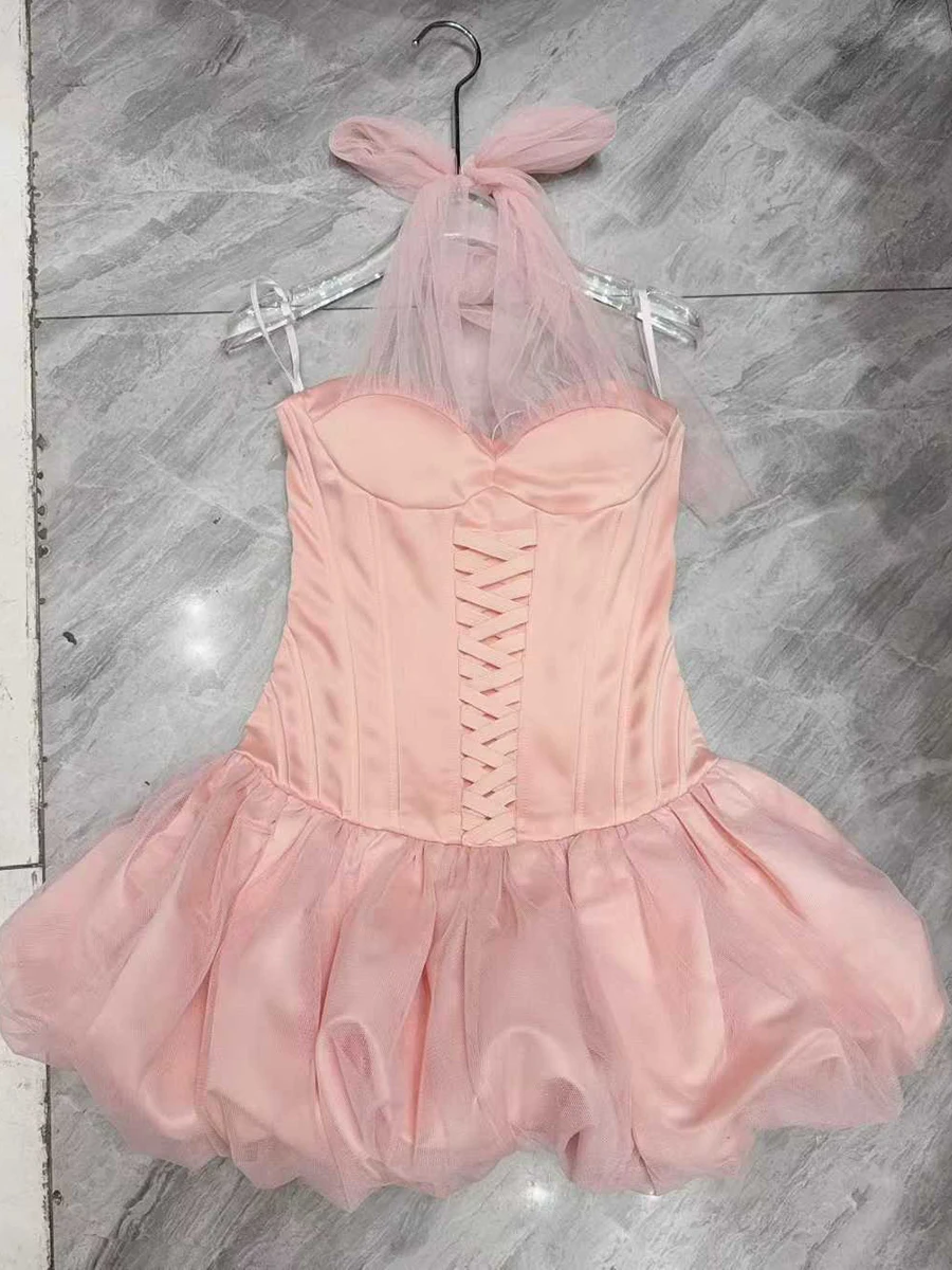 VGH Sweet Sexy Slimming Mini Dresses For Women Square Collar Sleeveless High Waist Lace Up Design Sense Solid Dress Female New