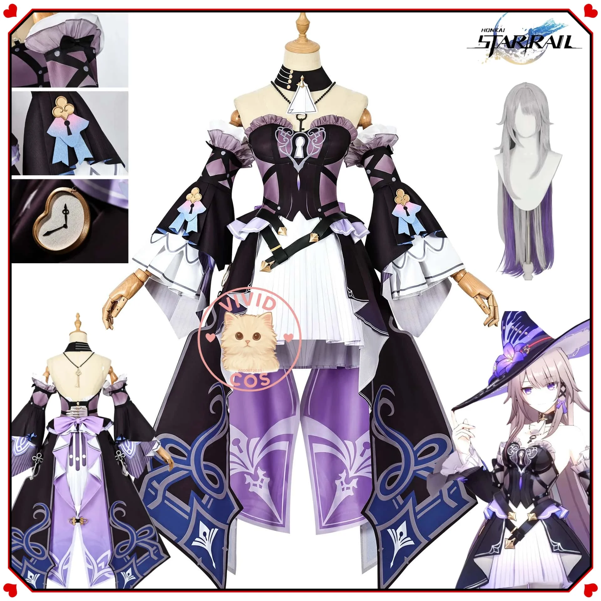 

Game Honkai: Star Rail The Herta Cosplay Role Play Costume New Anime Fashion Purple Magic Dress Hat Wig for Women Comic Con Suit