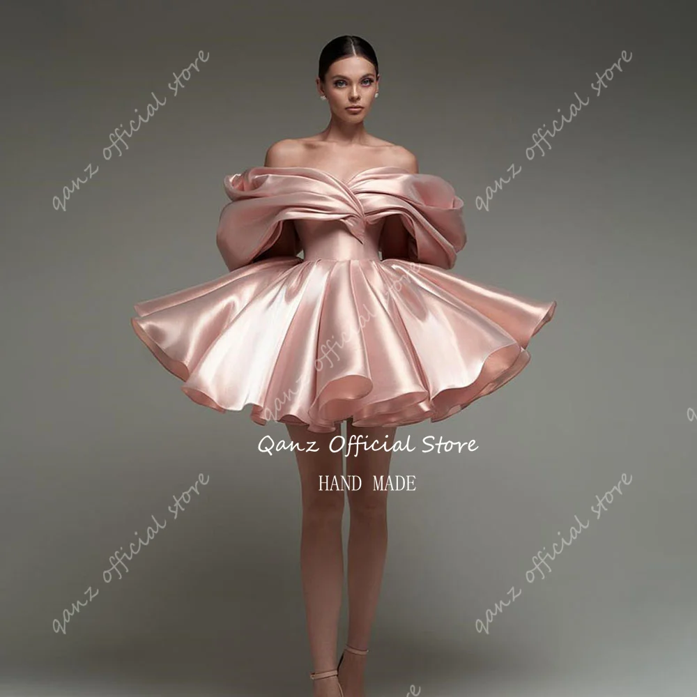 Qanz Rose Gold Short Prom Dresses Off The Shoulder Satin Vestidos De Graduación Mini Lace Up Back Vestidos De Fiesta Customized