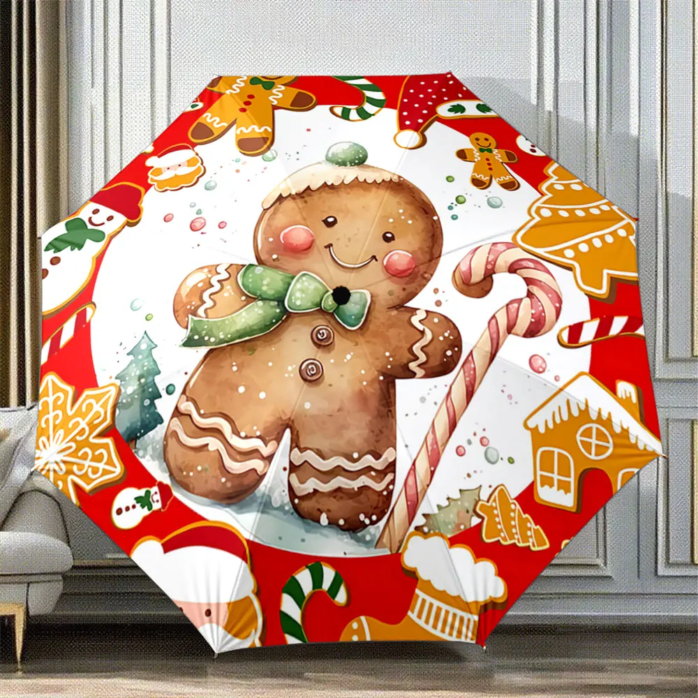 Christmas Gingerbread Design Umbrella - Festive Candy & Holiday Theme Portable Folding Umbrella, Gift for Family And Friends