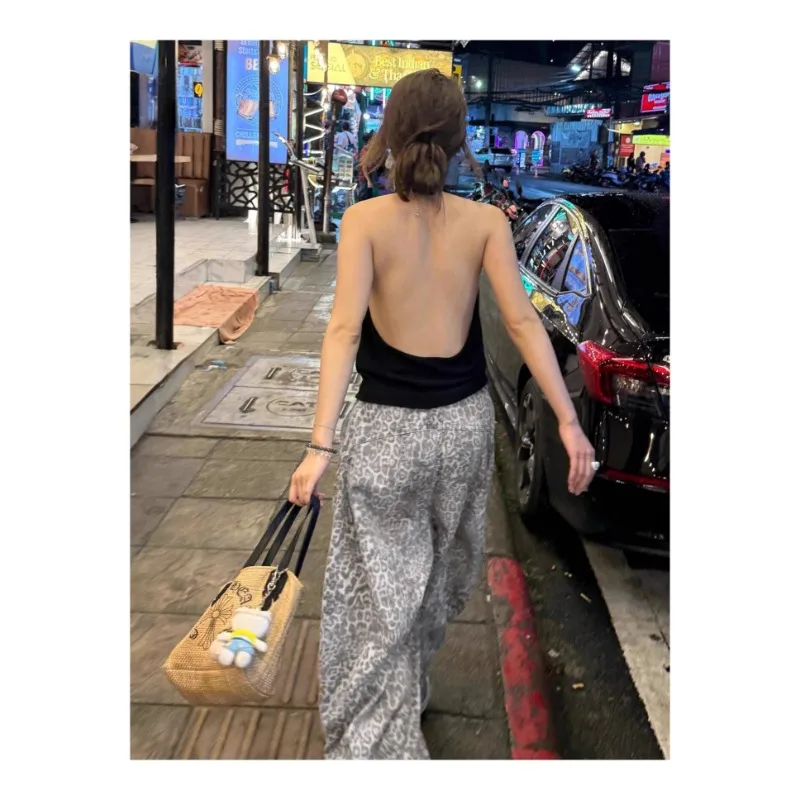 Gothic Y2K Leopard Hosen Frauen Distressed Grunge Breite Bein Hosen 90er Jahre Punk Mode Hohe Taille Übergroßen Casual Street Style