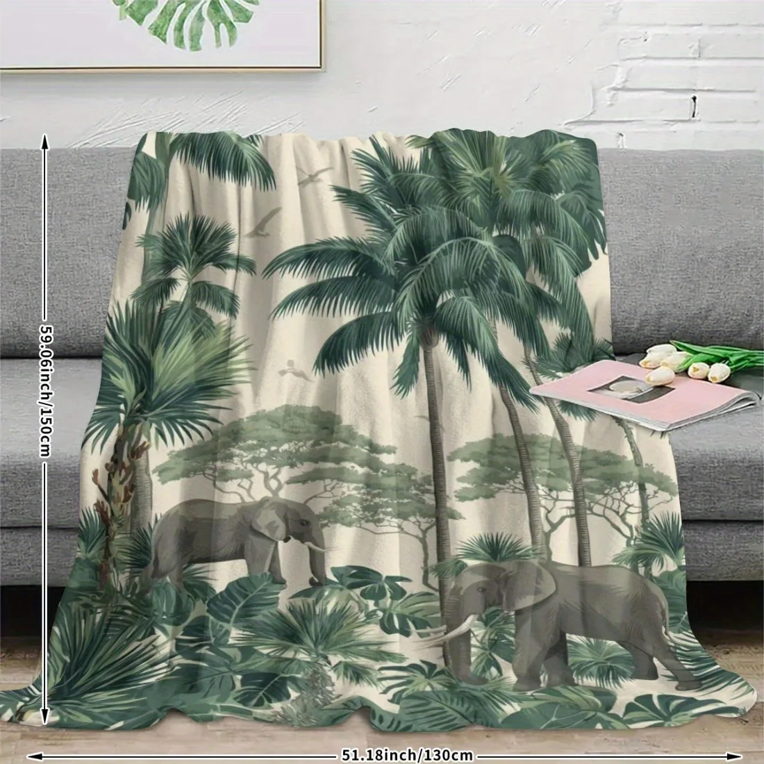 1pc tropical rainforest elephant pattern printed flannel blanket - throw blanket, shawl blanket, cuddle blanket, comfortable/sof