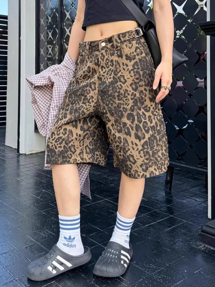 QWEEK Tan Leopard Print Denim Shorts Women Y2k Vintage Streetwear Wide Leg Jeans Hip Hop Oversize Casual Pockets Jorts Summer