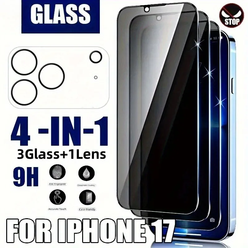 

3Pcs Privacy Tempered Glass Screens With 1pc Camera Lens Protectors For IPhone 17 16 15 14 13 12 11 Pro Max 17Air 16e Glass
