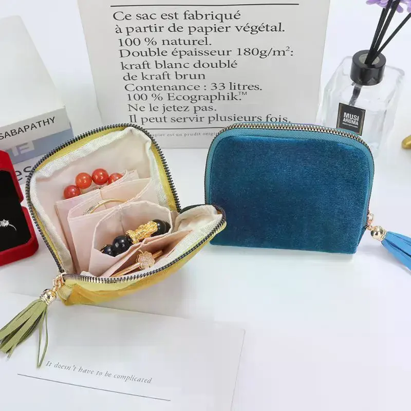 Soft Velvet Travel Jewelry Pouch Multiple Inner Compartments Tassel Zipper Portable Bag for Earrings Bracelets Rings Storage