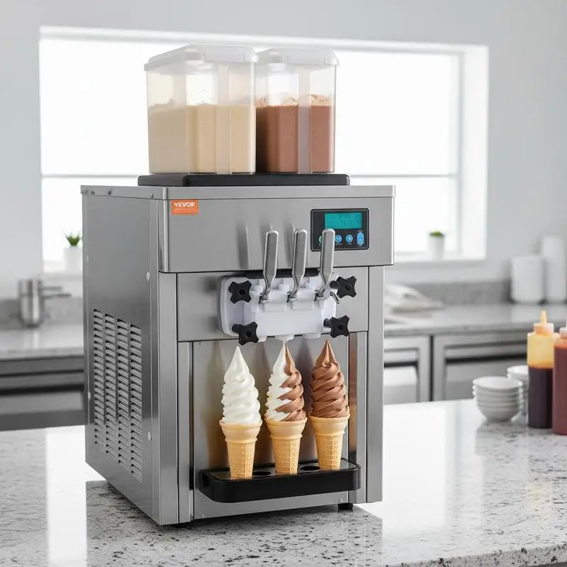 Gewerbliche Softeismaschine 1800 W mit 3 Geschmacksrichtungen, Tischgerät aus Edelstahl mit 2x4L Trichter & 2x1,8L Zylinder, LCD-Display, automatische Reinigung und Vorkühlung für Cafés und