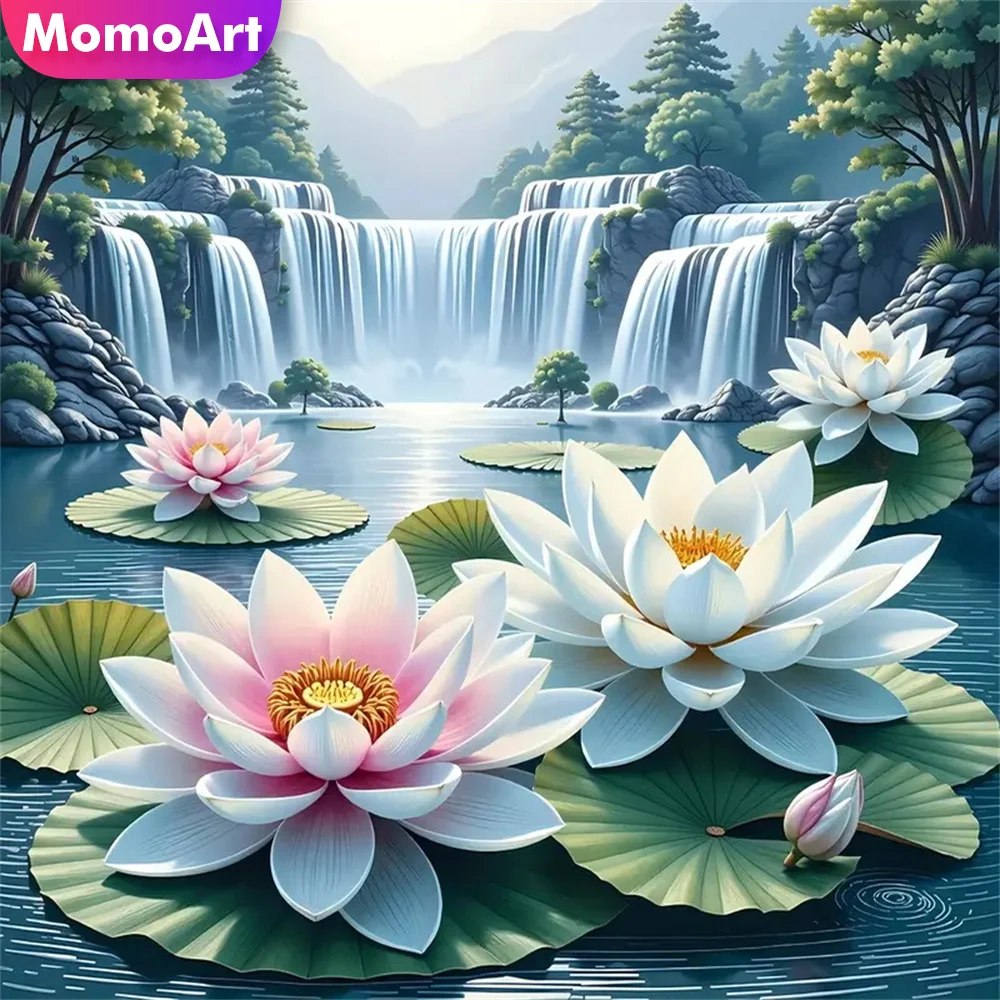 Momoart Lotusblume Diamant Mosaik Wasserfall Landschaft Muster für Erwachsene Anfänger Malerei DIY Stickerei Dekor für Zuhause