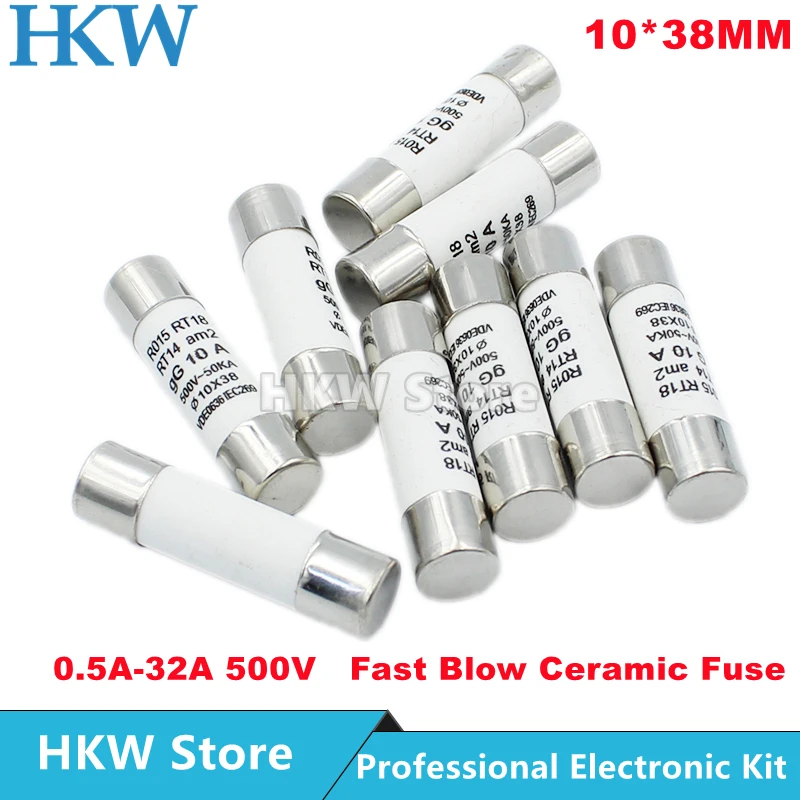 

5pcs 10*38 Fast Blow Ceramic Fuse 10x38mm Fuses 500V 0.5A 1A 2A 4A 5A 6A 8A 10A 16A 20A 32A RO15 RT18 RT14 R015