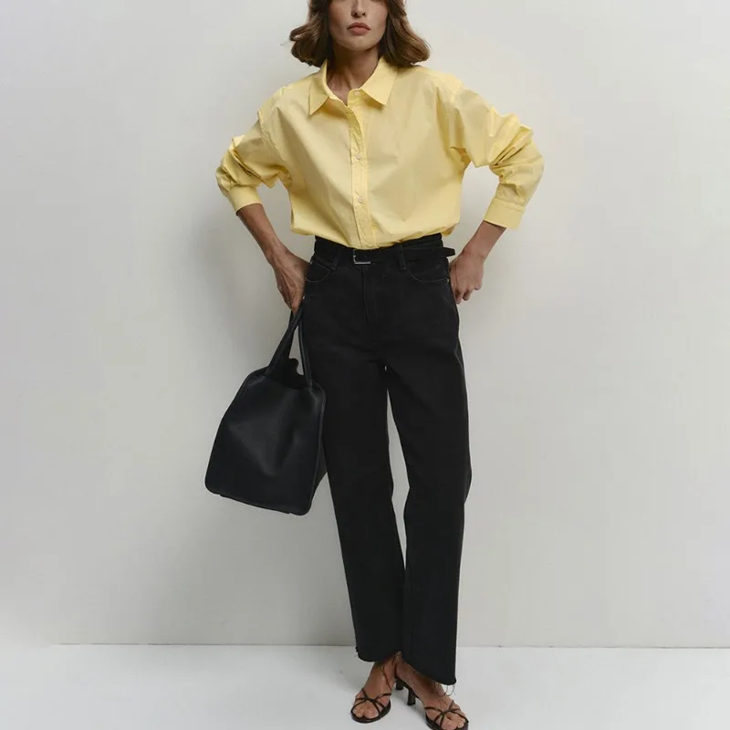 Talenza Women's Casual Shirt Summer Yellow Loose Office Lady Shirt Lapel Single Button Long Sleeve Ladies Shirt Female Outfits