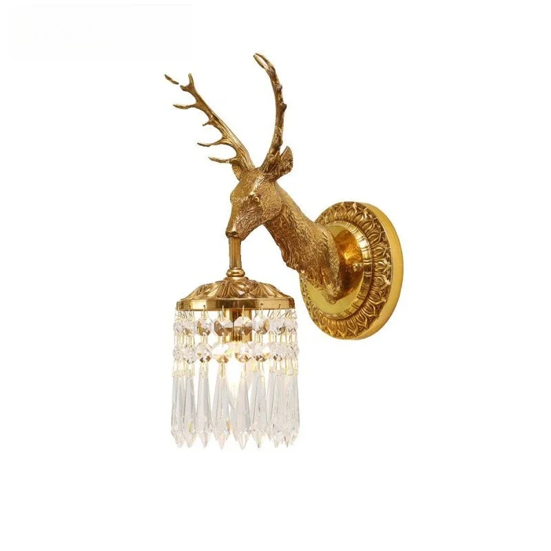 Deer head all copper wall lamp French luxury retro creative personality abstract European villa living room bedroom