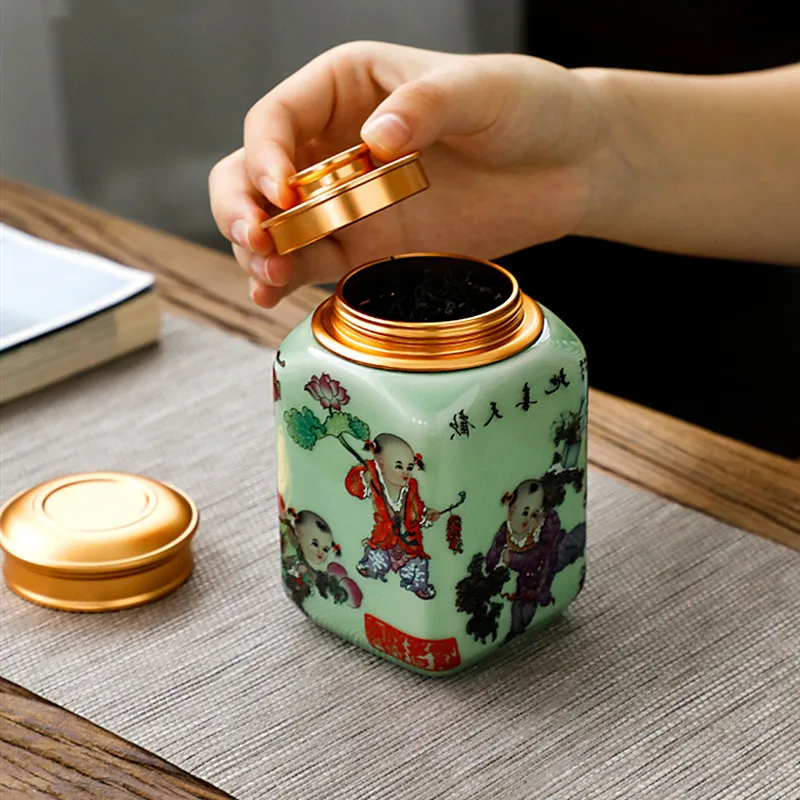 Double Lid Ceramic Tea Tins Home Sealed Tea Storage Jar Kitchen Spices Coffee Moisture Proof Can Chinese Tea Set Accessories