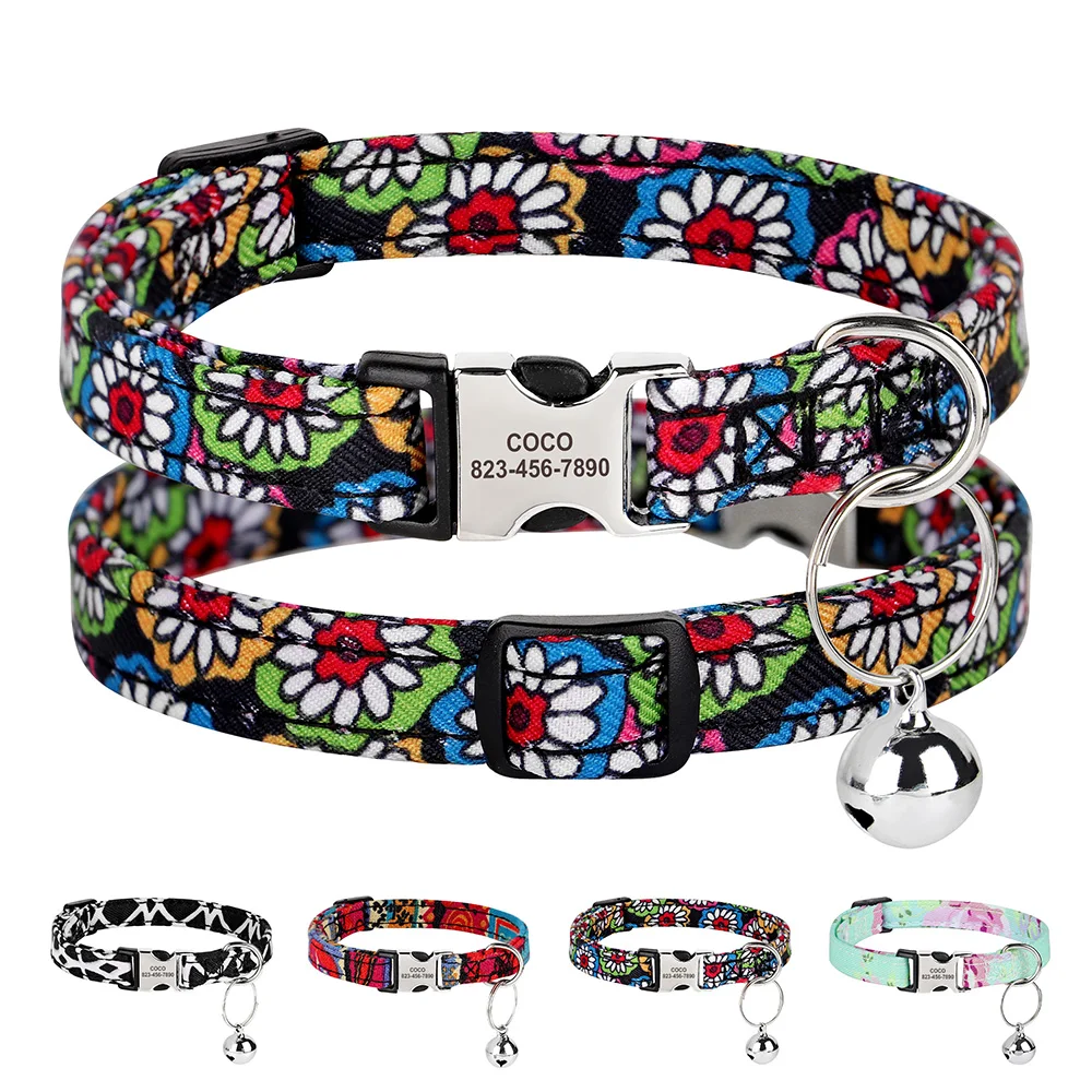 Print Custom Cat Collar Personalized Kitten Cats Collars With Bell Free Engraving Buckle Necklace Adjustable for Cats Small Dogs