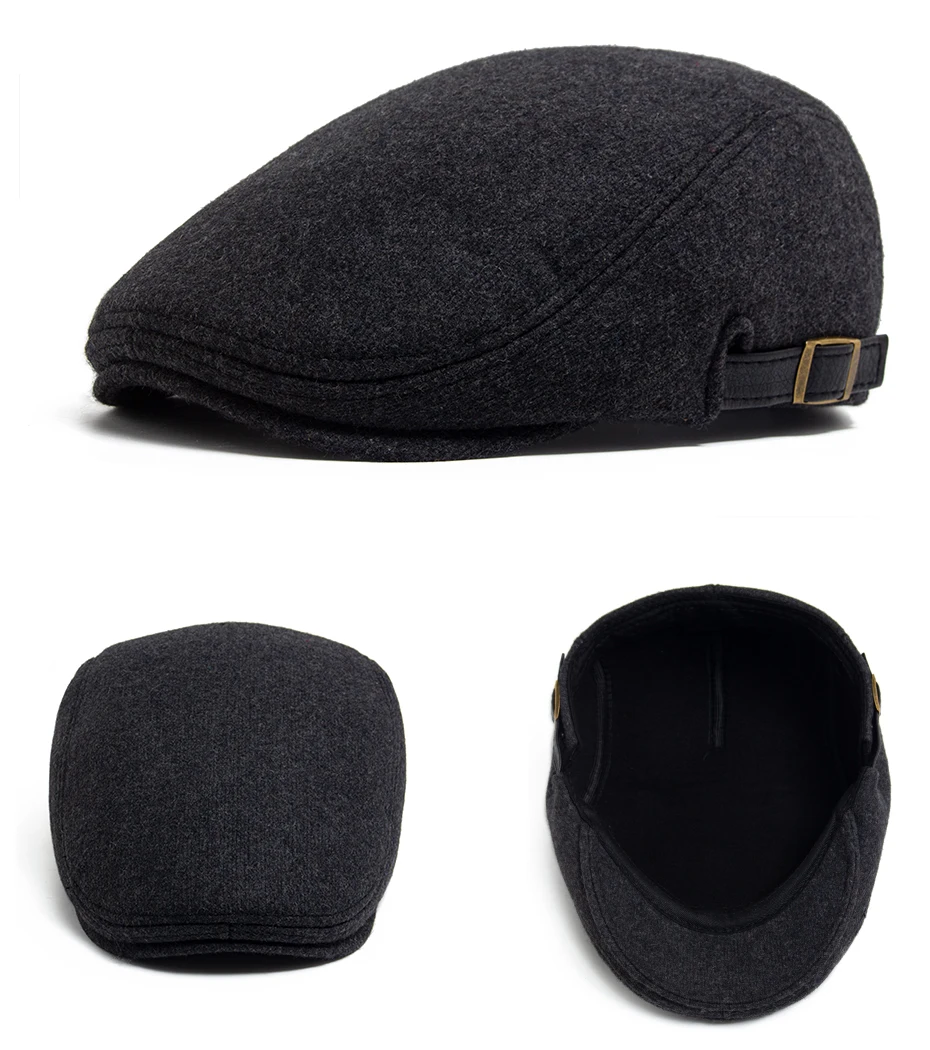 Wolle Vintage Baskenmütze Männer Winter Plus Samt Warme Flache Hut Lässige Berets Retro Mode Zeitungsjunge Mütze männer Zweireiher Einstellbar – Detail 10