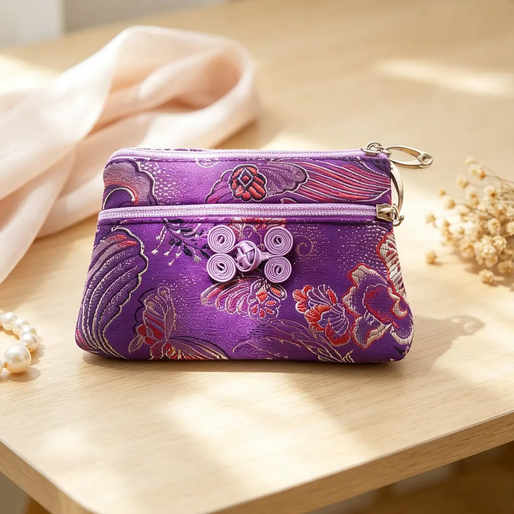 Mini Purple Jacquard Coin Purse – Traditional Chinese Knot Decoration, Lightweight & Versatile Organizer for Daily Bits, Ideal G