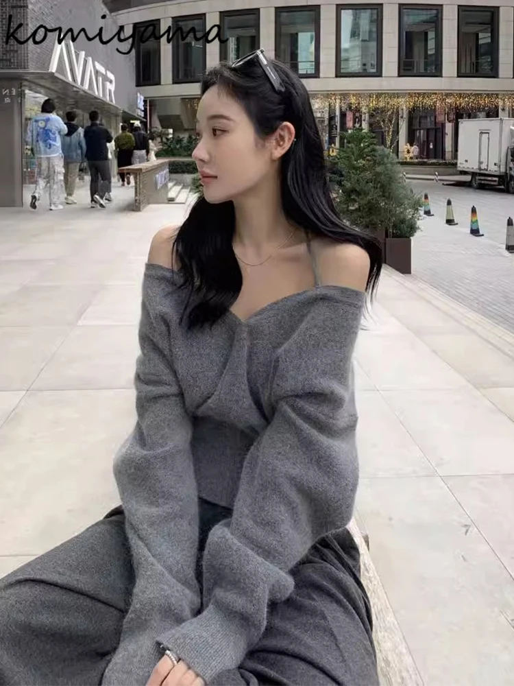 V-neck Off Shoulder 2025 Woman Sweater Loose Casual Outerwears Long Sleeve Knit Ropa Mujer Autumn Winter Pullovers Sexy Sueter