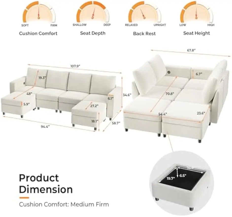 U-Shaped Storage Modular Sectional Sofa Sleeper , Convertible Couch Bed with High-Resilience Foam, 4 Deep Seaters Module/2