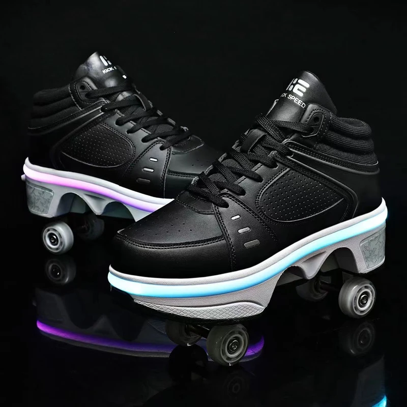 Deformation Roller Skates Shoes Four Wheels Running Shoes Roller Skates Women Men Parkour Roller Shoes Kids Sneakers