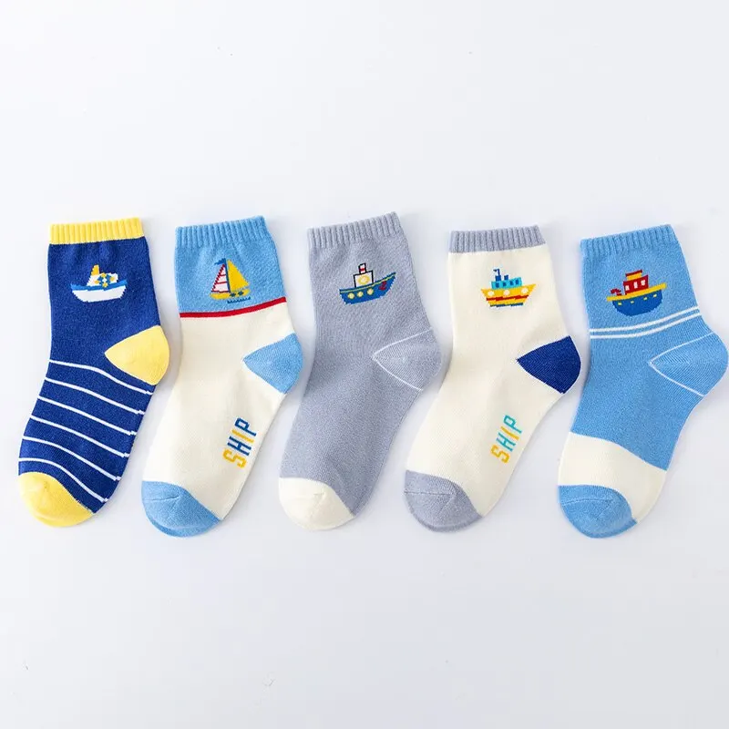 5 Pairs Of New Autumn And Winter Childrens Socks Striped Sailboat Boys Socks 4 to 8 Year Old Socks