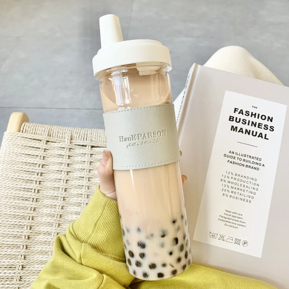 Cute 850ML Straw Cups Cup Cover Large Capacity Plastic Water Bottle Straw Drop-proof Boba Milk Cup