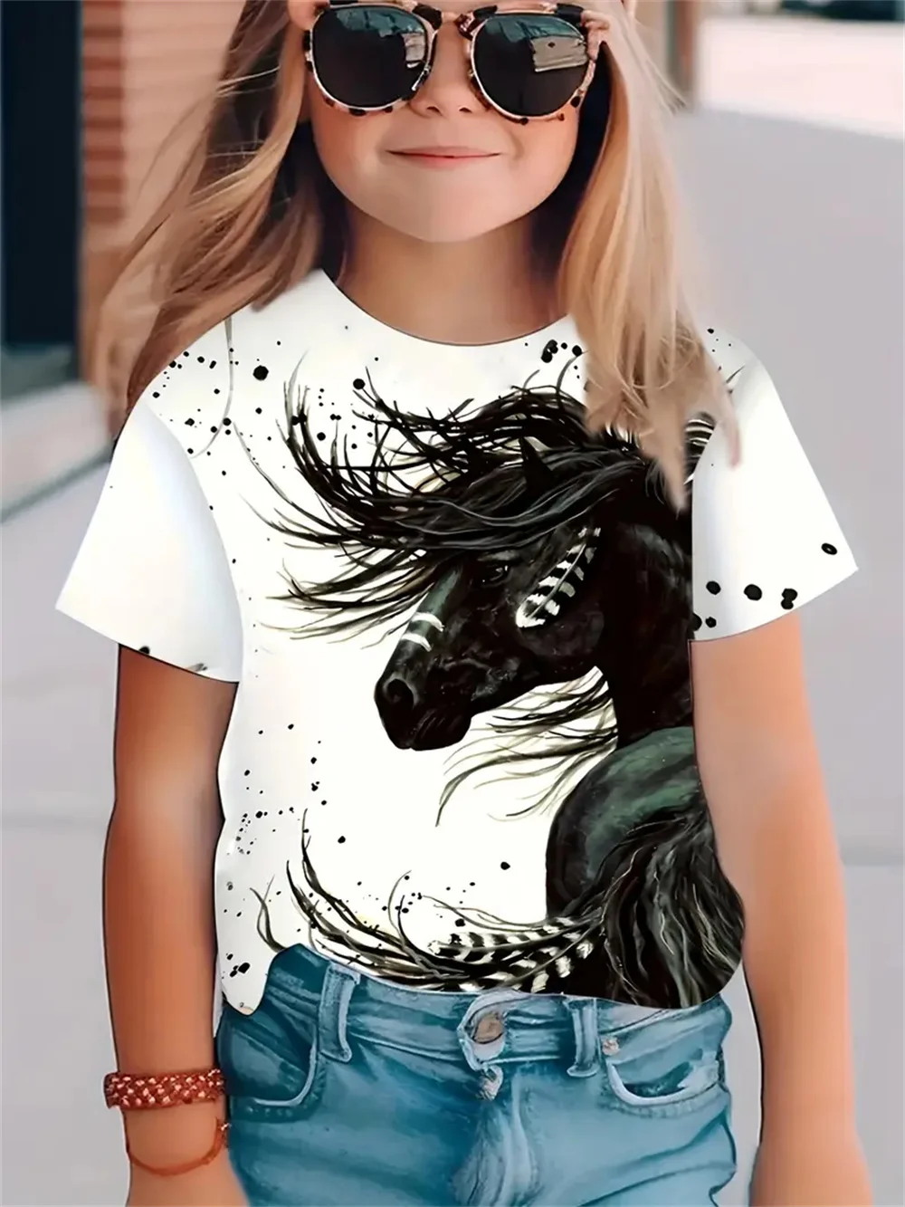 Camiseta infantil de manga curta estampada em 3D, tops casuais das meninas, roupas infantis, moda verão