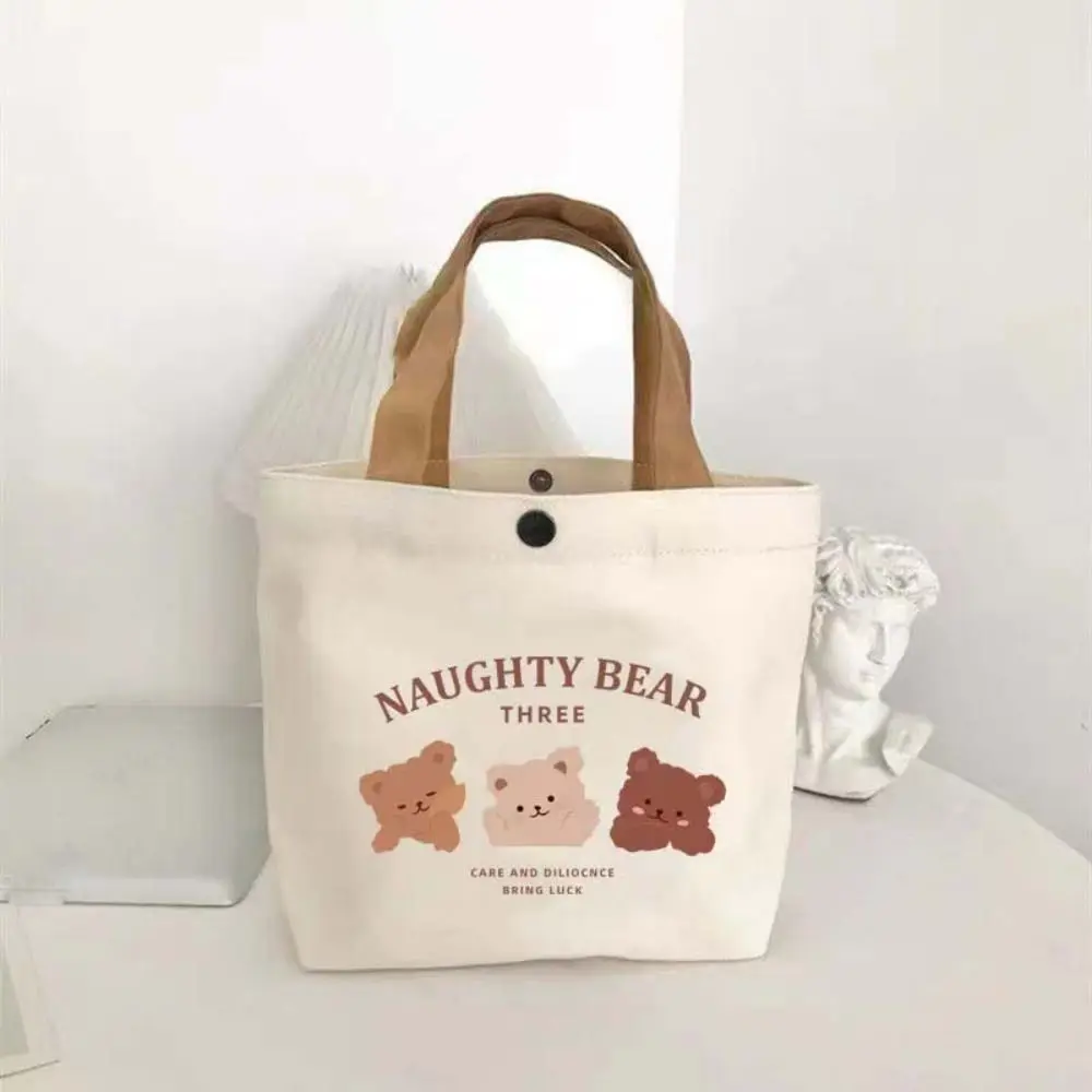 Cute Bear Canvas Women Tote Food Bag Japanese Peach Lunch Bag Korean Mini Handbags Lunch Box Cloth Picnic Travel Storage Bags