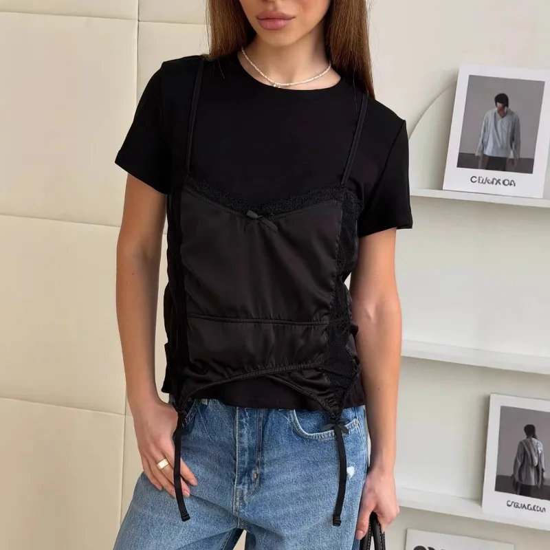 

Round Collar Solid Lace Patchwork T-shirt Women Slim Short-sleeved Fitting Cropped Top 2026 Summer Lady Casual Chic Shirts New