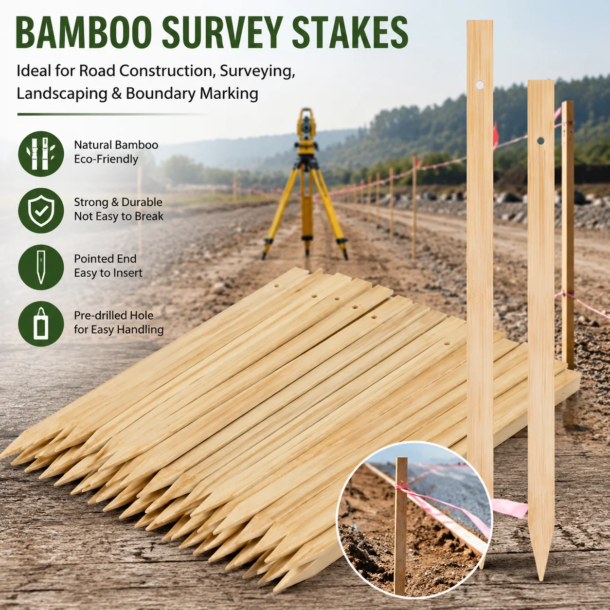 30 Pcs Surveying Bamboo Piles Plants Marking Stakes Construction Markers Pegs With Holes Nursery Tags For Plant Support