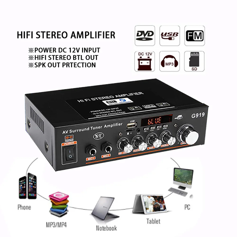 HOT G919 Smart Digital Audio Sound Power Amplifier For Speakers with BLUETOOTH/USB/SD/FM mini amplifier