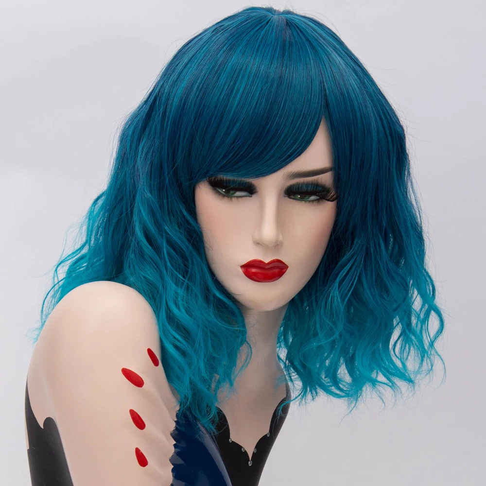 باروكة بوب زرقاء مموجة قصيرة ساحرة: شعر صناعي مقاوم للحرارة لمشاعر النساء الجريئة والحفلات