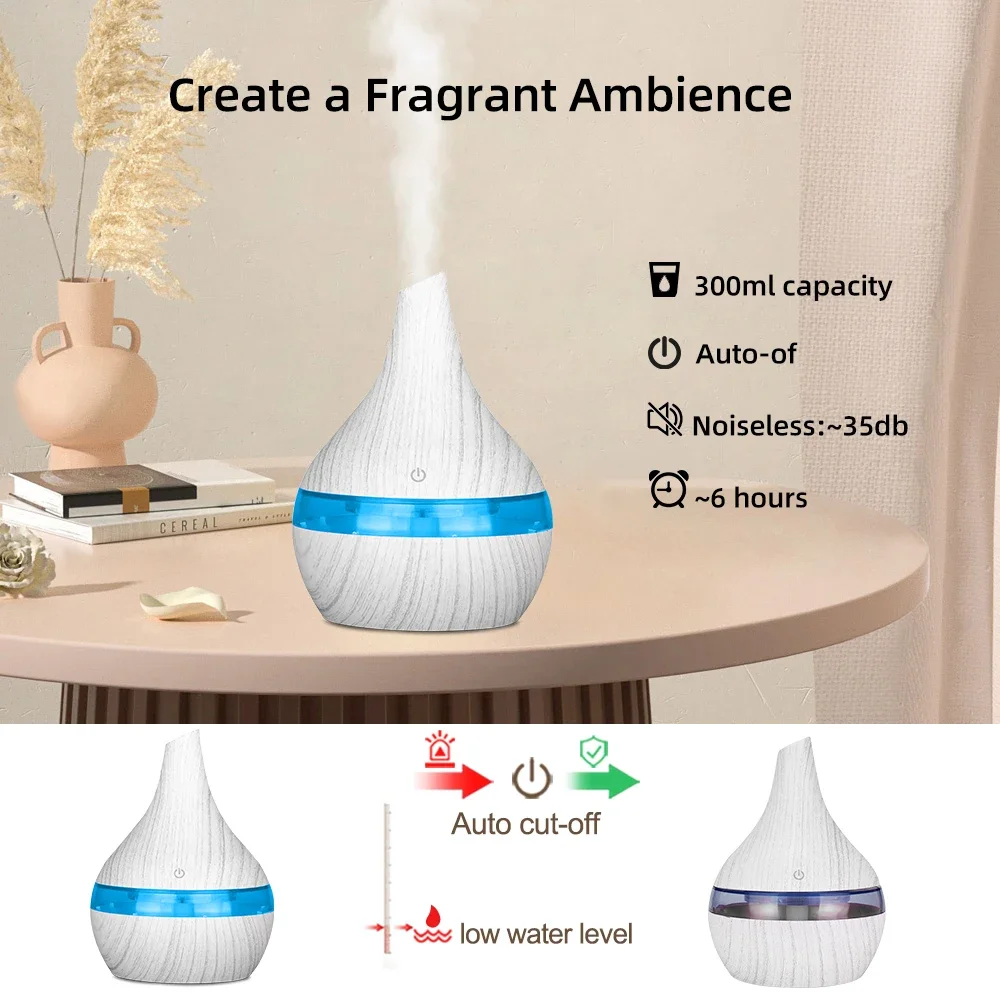 2-in-1 Wood Grain Humidifier & Essential Oil Diffuser, 300ml USB Desktop Hydration with Aroma Oils, home essentials
