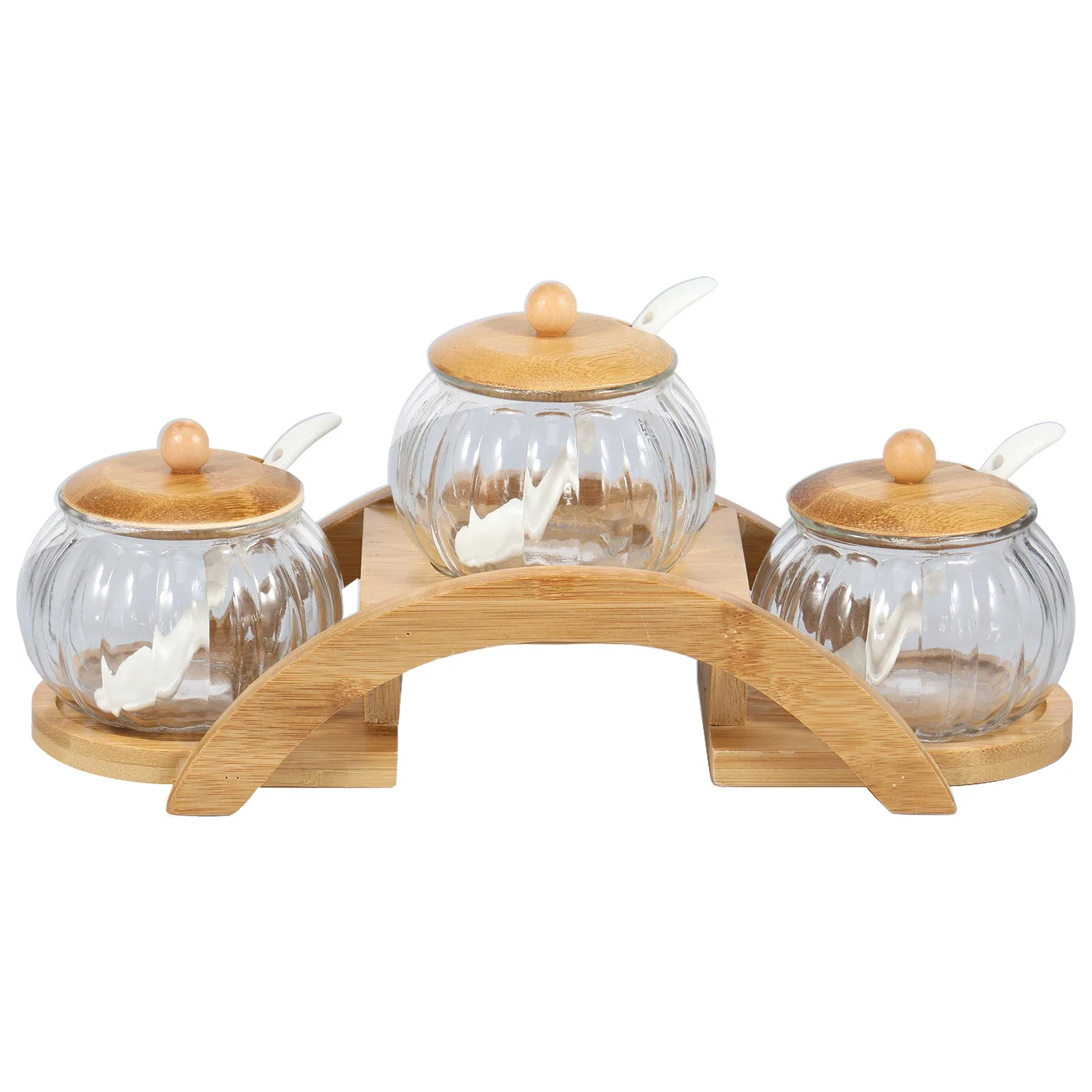 

7.5 Ounces Condiment Jar with Arched Bamboo Tray Lids and Ceramic Spoons Seasoning Box Set Clear Food Glass Jars Spice Container