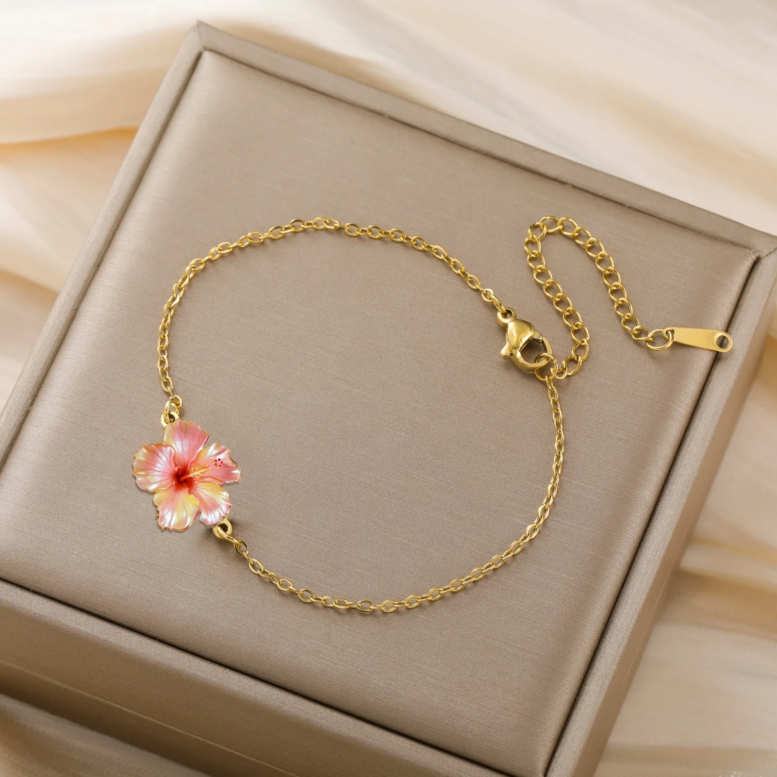 Women's Gold Plated Pink Hibiscus Flower Bracelet