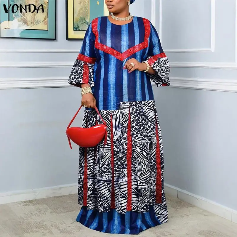 Plus Size 5XL VONDA Women Fashion Maxi Dress Flare Sleeve Casual Loose Print Long Sundress Vintage O-Neck Party Robe Oversized
