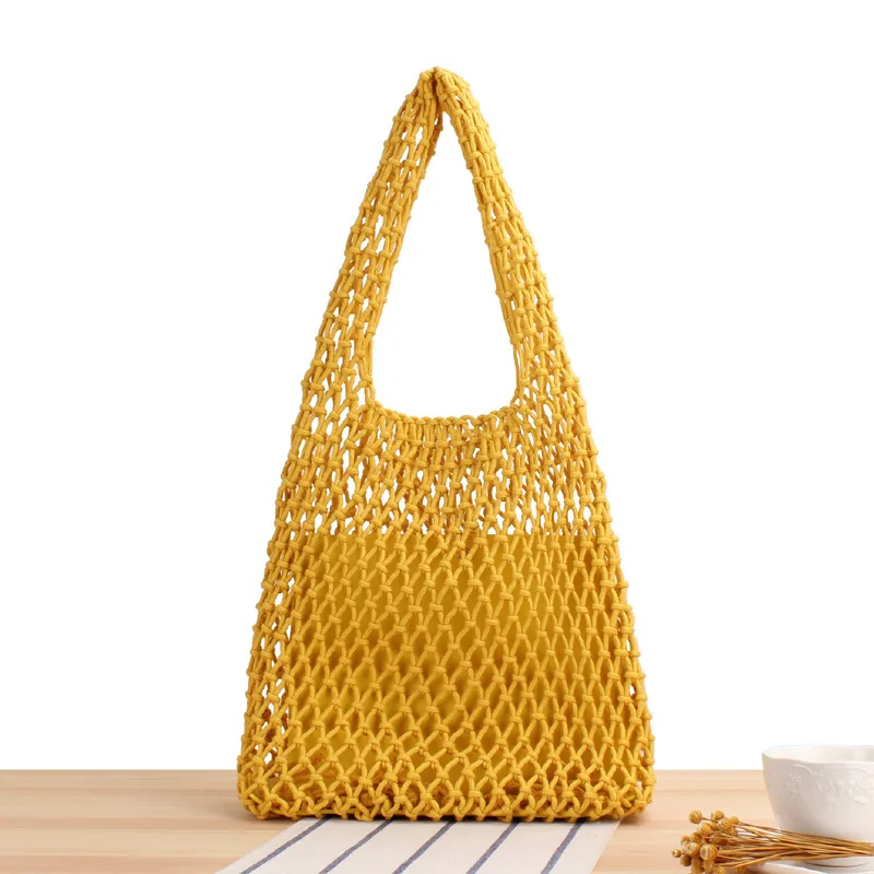 

Mesh Rope Knitted Bucket Shoulder Bags Reticulate Hollow Travel Daily Totes Cotton Thread Handbags Summer Beach Bag For Women