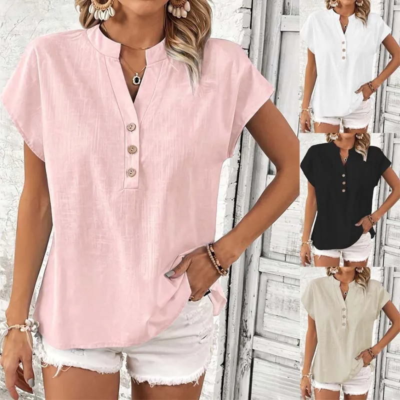 Women's 2026 New Vintage Cotton Linen Shirt – V-Neck Short Sleeve Solid Color Blouse, Casual Retro Top