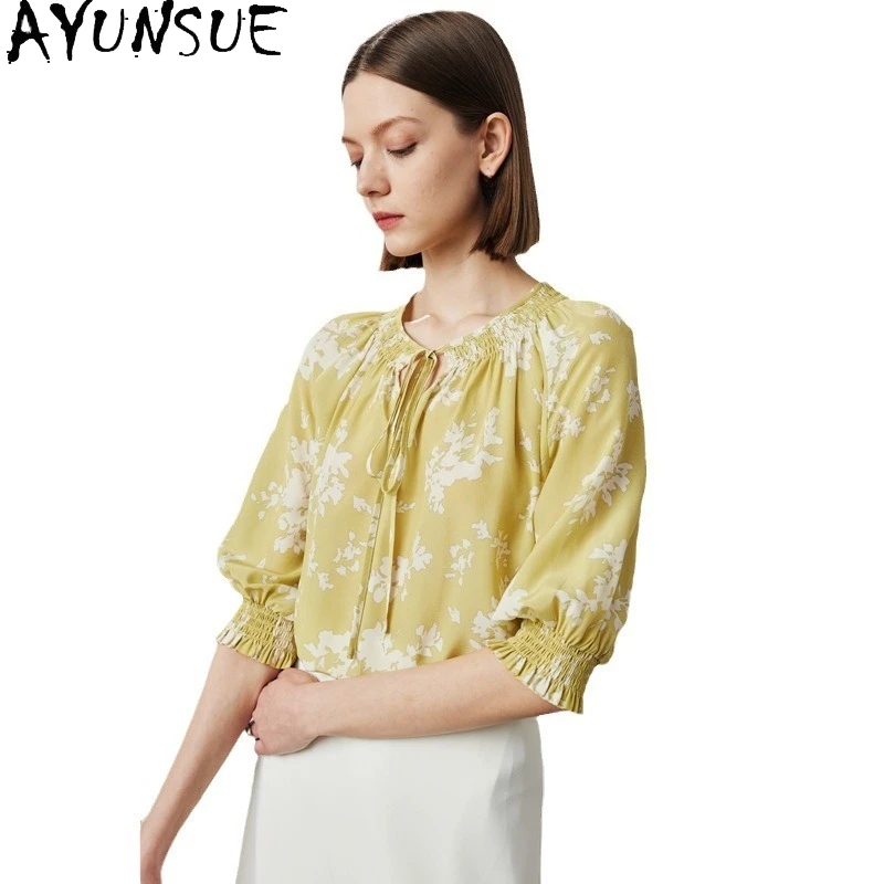 AYUNSUE 100% التوت الحرير النساء البلوزات مريحة خمسة زر كم قميص مطبوع الملابس النسائية Ropa Para Mujer 2025