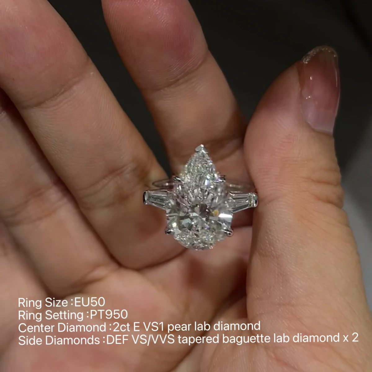 

PT950 Ring Size EU50 Ring1(Main Ring): 2ct Pear Lab Diamond Ring and Ring2((Stacking Ring): 1.5mm Lab Diamond Eternity Ring