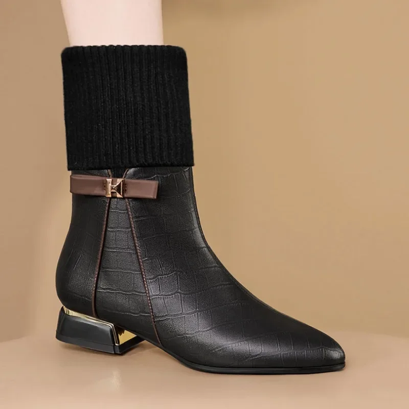 

Manufacturers direct sales leather wool boot cylinder flat heel mid-leg women's ankle boots winter low heel added fleece shoes