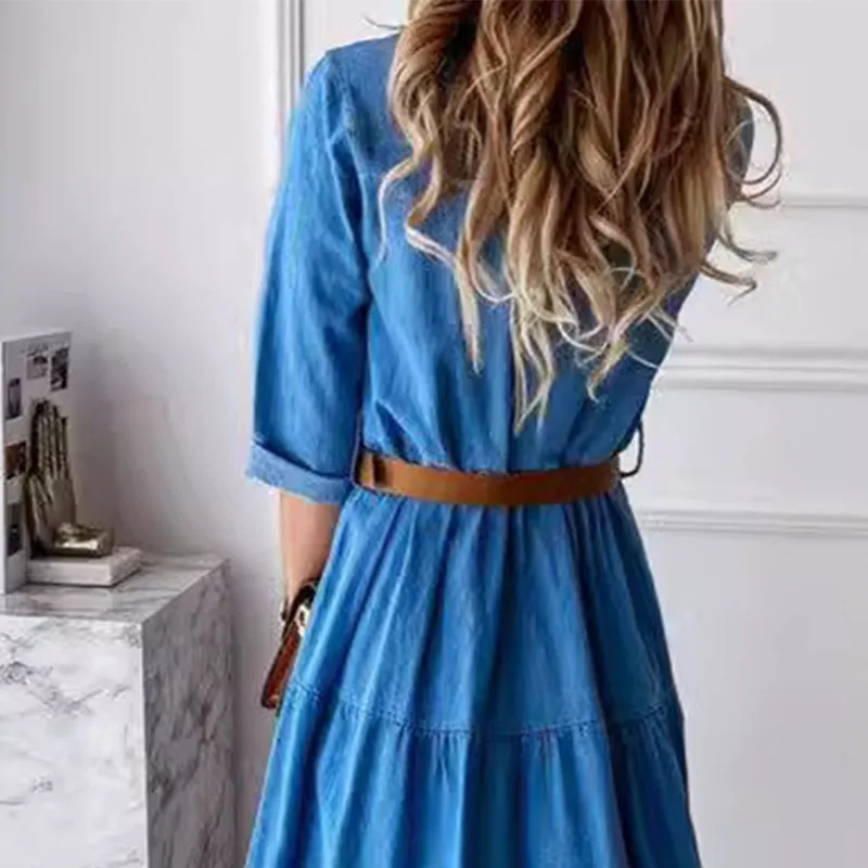 Abito lungo blu estivo da donna elegante Abito estivo da ufficio allentato casual Vita alta con scollo a V Mezze maniche Abiti da lavoro maxi da donna