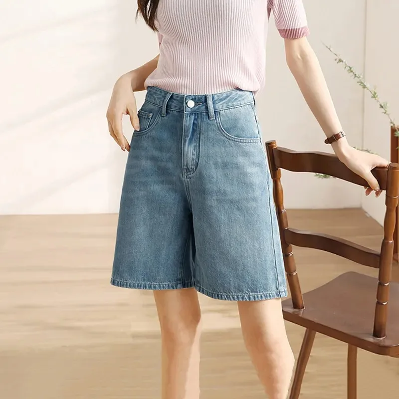 

Women's High Waist Embroidered Denim Shorts, Summer Loose Stretch Straight Casual Mid Jeans