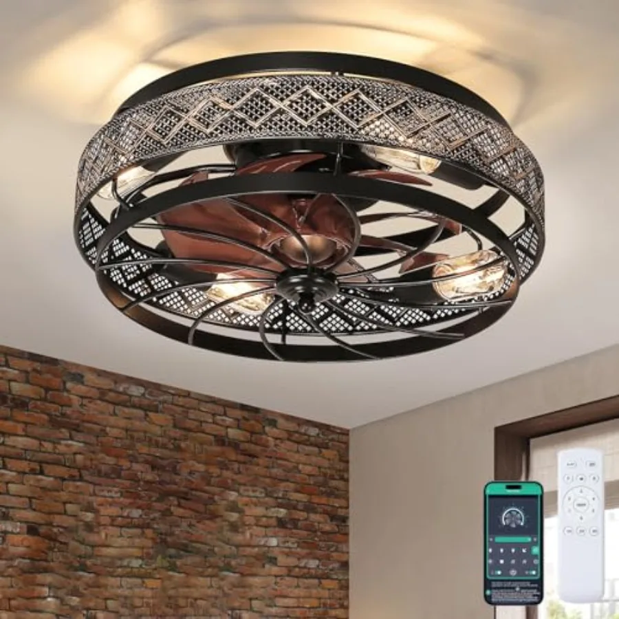 

18 Low Profile Caged Ceiling Fans with Lights and Remote, Flush Mount Ceiling Fan with Light, Bedroom Fan, Small Industrial Bla