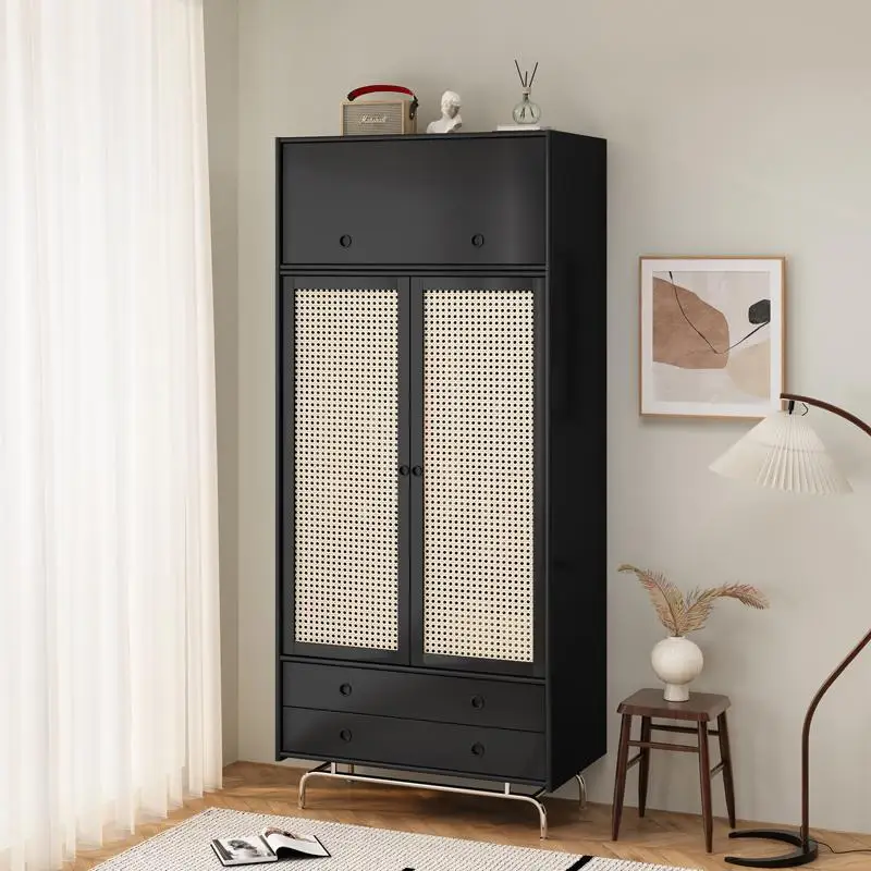 

Medieval solid wood rattan vintage wardrobe small bedroom black wardrobe storage cabinet household opposite door locker.