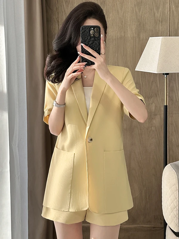 Fashionable Casual Versatile OL Summer Thin Short Sleeve Suit Jacket Women's Two-Piece Set Short Pants Suit Commute Style Sli...