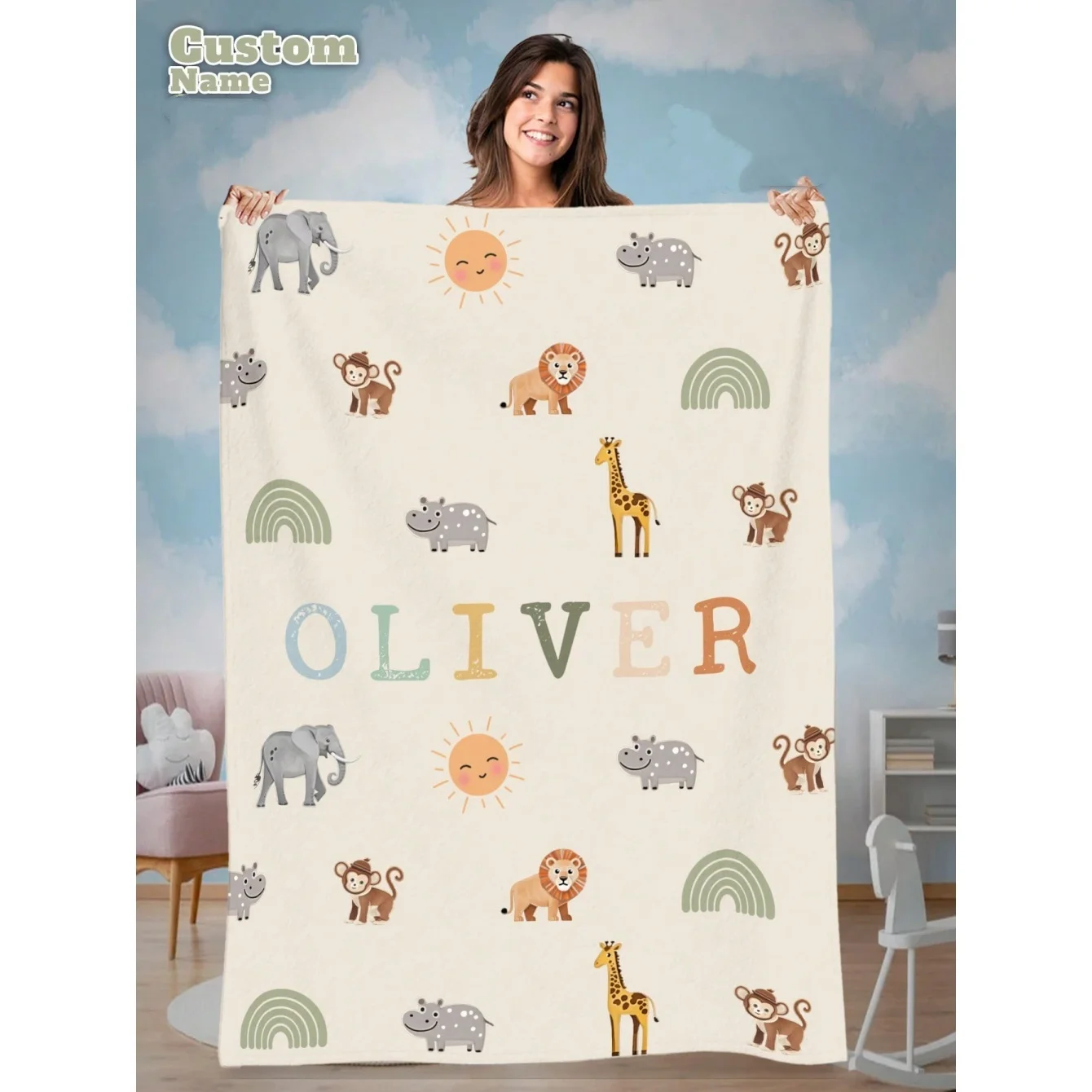 Cartoon Animal Pattern Throw Blanket Decorative Artistic Blanket for Kids and Pet Name Customization