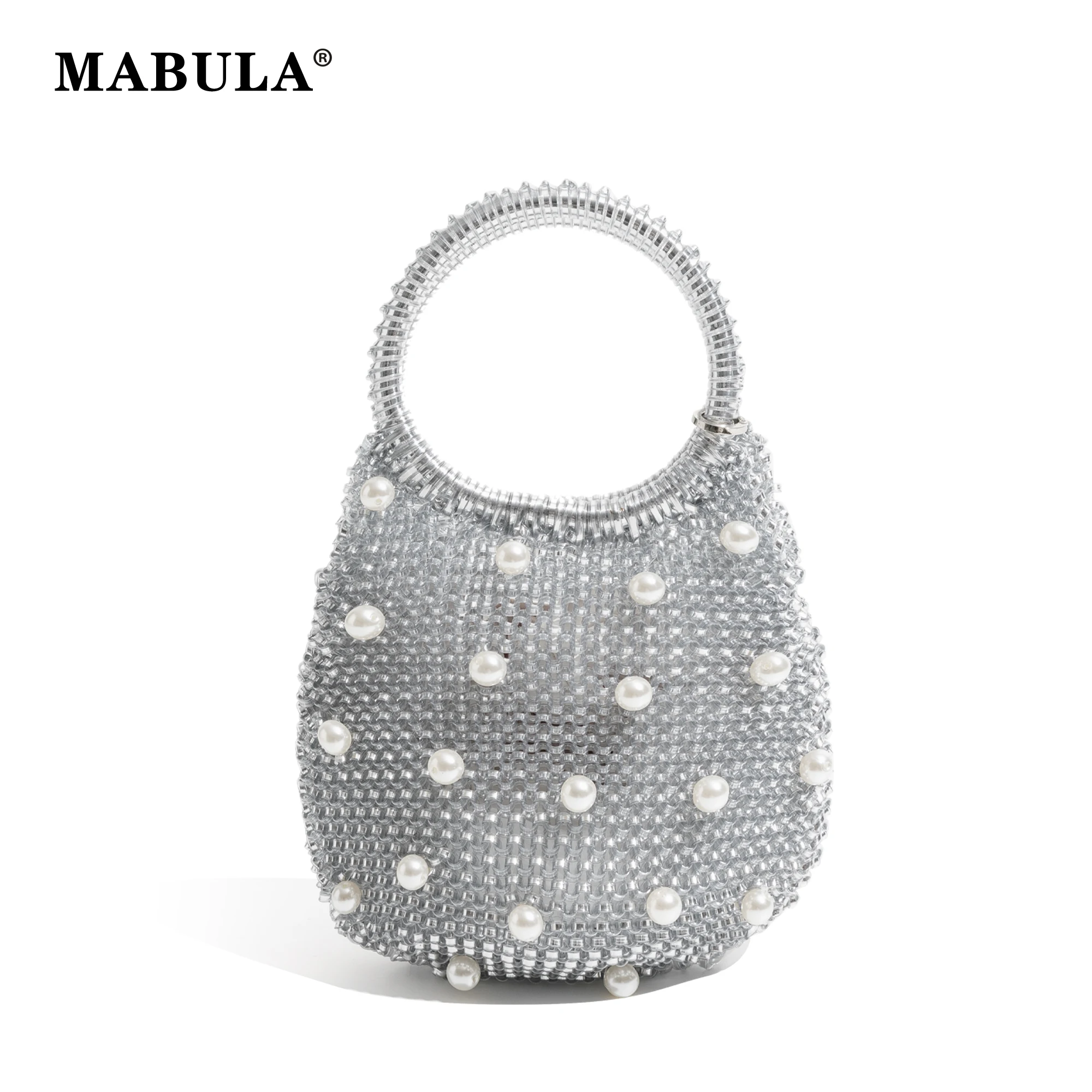 

MABULA PVC Knitted Pearl Fashion Crossbody Purse For Female Handmade Silver Woman's Handbag Luxury Design Ladies Phone Purse